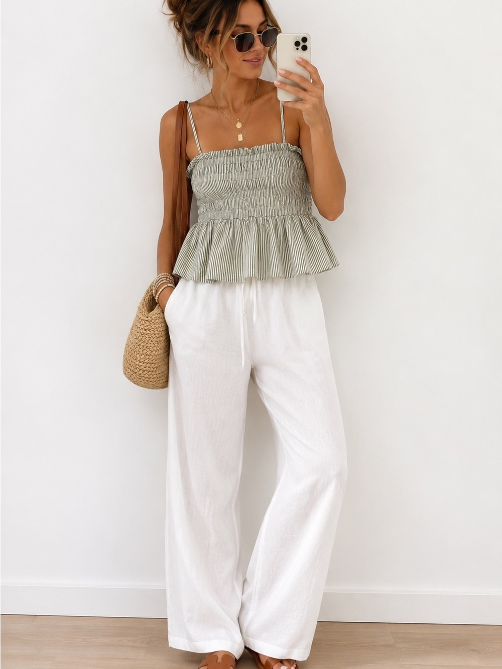 Olive Stripe Smocked Peplum Cami Coastal Cottagecore